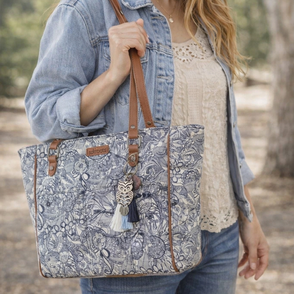 Sakroots Navy Floral Canvas Tote with Tassel Charm - Picture 16 of 16